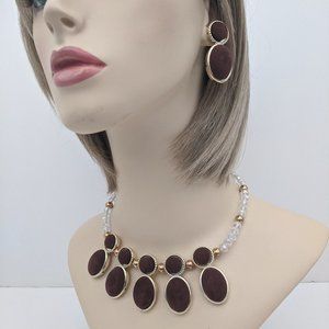 Brown Velvet Necklace Earrings Set Gold Clear Bead
